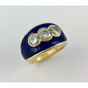 Bague Trilogie Diamants Certifiés Lapis Lazuli Bandeau Or Jaune  