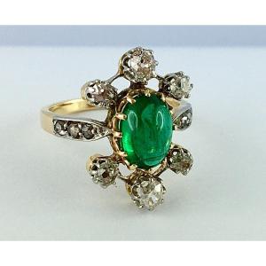 Ring Emerald Cabochon And Old Cut Diamonds On Yellow Gold And Platinum Belle Epoque