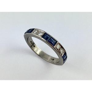 Art Deco Style Half Wedding Band Fine Calibrated Sapphires, Brilliant Cut Diamonds On White Gold