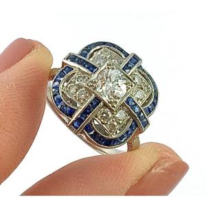 Art Deco Style Rosette Ring With Calibrated Diamonds And Sapphires On Platinum