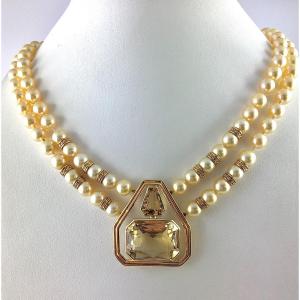 Yellow Gold Citrine Pendant Necklace On 2 Rows Of Gold Cultured Pearls And Diamonds