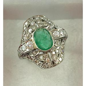 Art Deco Style Emerald And Diamond Ring On Platinum