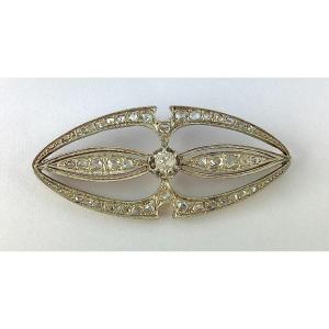 1920s Art Deco Brooch Navette Shape Old Cut Diamonds And Rose On Yellow Gold & Silver