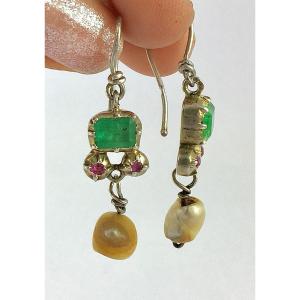 Berber Ethnic Earrings Dangling Emeralds, Rubies And Baroque Pearls On Silver