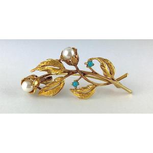 Broche Végétale Fleurs Corolles Perles De Culture Et Turquoises Sur Or Jaune Années 70
