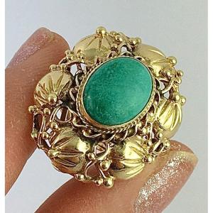 Bague Végétale à Palmettes, Cabochon De Turquoise Sur Or Jaune