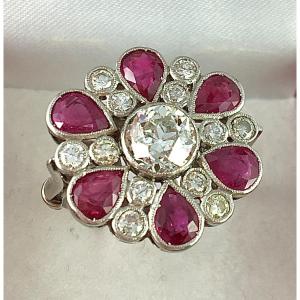 Art Deco Style Ring Diamond Surrounding Ruby Pears And Diamonds On Platinum