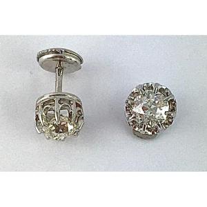 Boucles d'Oreilles Puces / Clous Diamants Taille Ancienne Sur Or Blanc Chatons Soleils