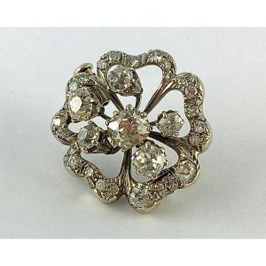 Broche Pendentif Fleur Trembleuse Diamants Taille Ancienne Sur Ors Jaune & Blanc  Napoléon III