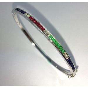 Opening Bangle Bracelet Ruby Sapphires Emeralds Calibrated And Diamonds On White Gold