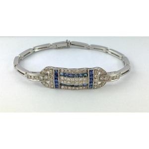 Art Deco Style Bracelet Calibrated Sapphires Diamonds On Platinum And White Gold