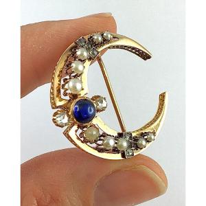 Celestial Crescent Moon Brooch Blue Cabochon, Diamonds, Pearls On Rose Gold Napoleon III