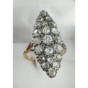 Bague Marquise Belle Epoque Diamants Taille Ancienne Sur Or Jaune Et Argent