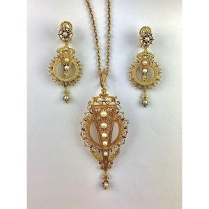 ½ Set Of Earrings/pendant Brooch Fine Pearls Black Enamel On Yellow Gold Napoleon III