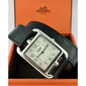 Montre Hermès Cape Cod Homme 2010 Acier Quartz Dato Bracelet Cuir Double Tours, Et Sa Boîte
