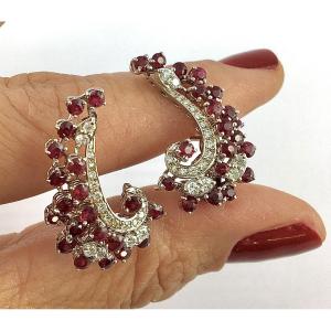 Vintage Ruby And Diamond Cashmere Motif Scroll Earrings In White Gold