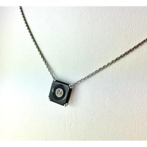 Collier Style Art Déco Pendentif Onyx Plaque et Diamant sur Or Blanc