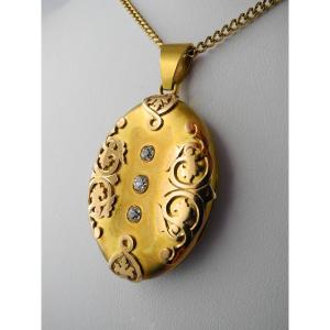 Opening Medallion 3 Diamonds Acanthus Leaves Yellow/rose Gold, Napoleon III Sentiment Jewel