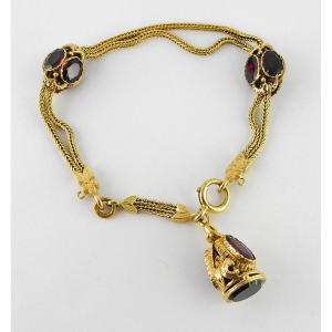Bracelet Napoléon III Maille Colonne, Grenats, Cachet Jaspe Héliotrope Or Jaune