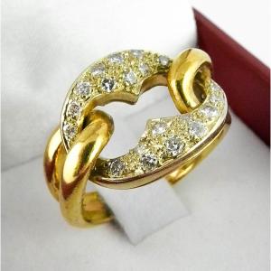 Bague Maillon Gourmette Pavé de Diamants sur Or Blanc et Arceaux Or Jaune