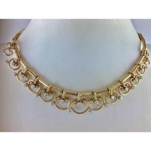 Collier Motifs Arabesques Diamants sur Ors Rose et Blanc
