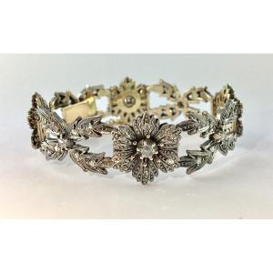 Belle Epoque Floral Flexible Bracelet With Rose-cut Diamonds On Silver & Yellow Gold