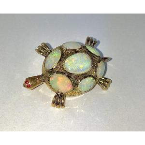 Broche Animalière Tortue Vintage Opales et Rubis Sur Or Rose