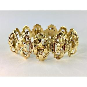 Bracelet Manchette Souple Articulé Ajouré Maillons en Marquises Bombés Napoléon III Or Jaune 