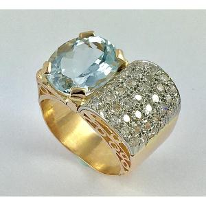 Asymmetrical Tank Ring With Aquamarine And Diamond Paving In Rose Gold And Platinum