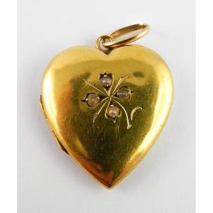 Heart-shaped Locket Pendant With 4-leaf Clover Motif And Fine Pearls / Yellow Gold, Sentimental Jewelry