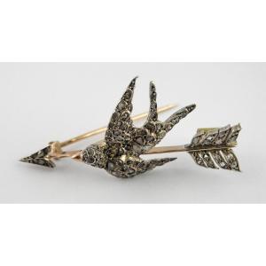 Victorian Rose Cut Diamond Swallow Arrow Brooch In Silver And Yellow Gold