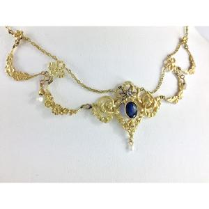 Belle Epoque Drapery Garland Necklace With Synthetic Sapphire, Diamond & Fine Pearls On Yellow Gold