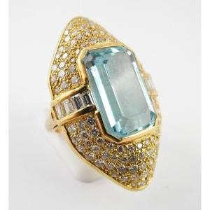 Bague Marquise Aigue-marine Pavage De Diamants Sur Or Jaune