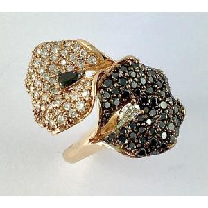 Bague Fleurs en Toi et Moi Bicolore Diamants Noirs  Et Blancs sur Or Rose