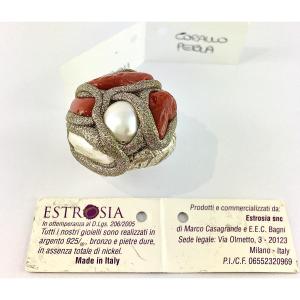 Bague Boule Estrosia Corail Perle et Résine sur Argent