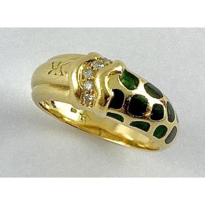 Bague Signée Korloff, Motif Stylisé de Panthère, Laque Noire et Verte, Diamants sur Or Jaune