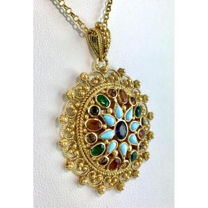 Pendentif Pierres de Couleur Et Travail de Granulation en Or Jaune