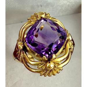 Bague Art nouveau Améthyste Coussin sur Or Jaune