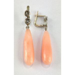 Boucles d’Oreilles Pendants Gouttes de Corail Peau d’Ange et Diamants sur Argent et Or Blanc