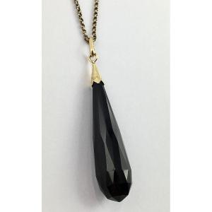 Pendentif Important Jais Forme Poire Facetté en Briolette sur Or Jaune
