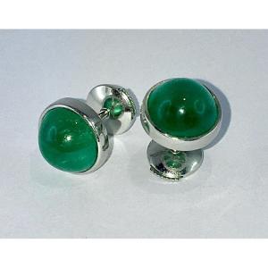 Boucles d'Oreilles Puces / Clous Emeraudes Cabochons Ronds Sertis Clos sur Or Blanc