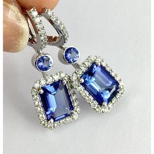 Emerald-cut Tanzanites And Diamonds On White Gold Earrings