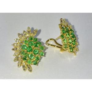 Fan Or Soleil Earrings, Emeralds And Diamonds On Yellow Gold