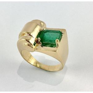 Bague Tank Asymétrique Émeraude Taille Émeraude sur Or Jaune