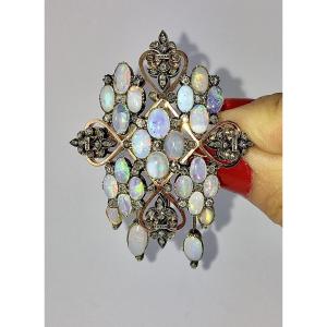 Napoleon III Brooch With Chandelier-style Pendants In Opals And Diamonds On Rose Gold And Silver