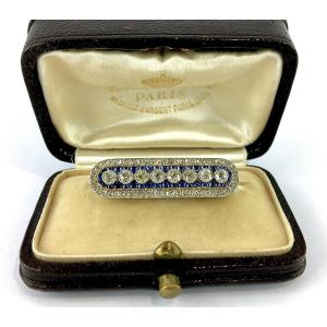 Broche Barrette Belle Époque Diamants et Saphirs Or Jaune & Platine, Ecrin d'Origine J. Delatre