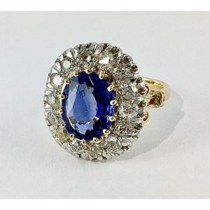 Bague Pompadour Style Belle Époque Saphir et Diamants Taille Ancienne sur Ors Jaune et Blanc