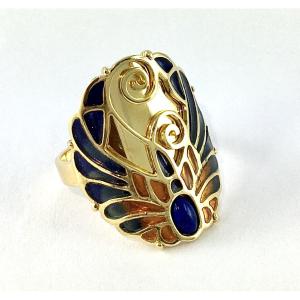 Art Nouveau-style Ring With Lapis Lazuli And Polychrome Cloisonné Enamel On Yellow Gold