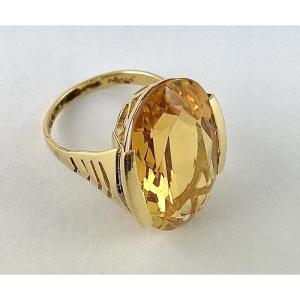 Oval Citrine Ring Set In An Openwork Yellow Gold Band, Inspired By Art Deco