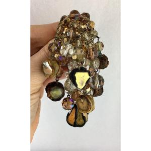 Broche Line Vautrin En Bronze Doré, Talosels Et Perles De Verre 